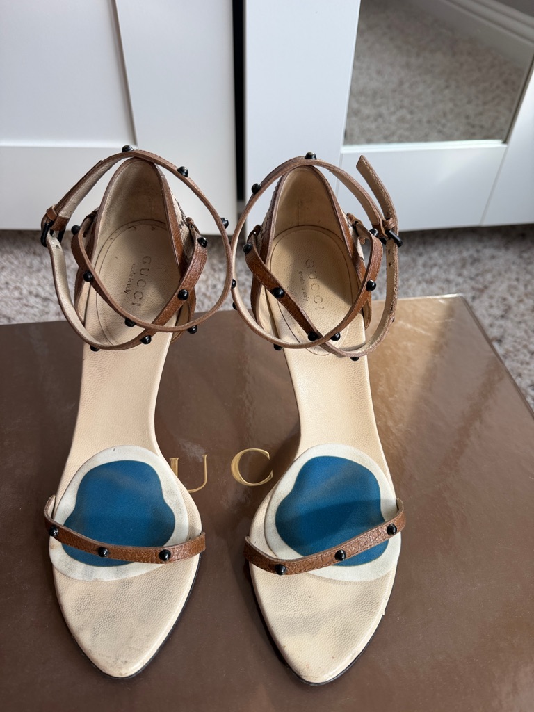 Authentic Gucci Brown Leather Monogram Ankle-Strap Heels Size 7.5